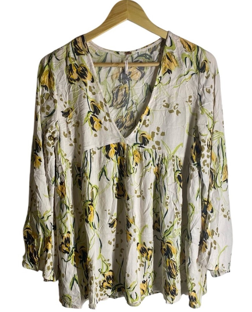 Free People Bella Cream Yellow Flowy Tunic with Bell Sleeves Size S