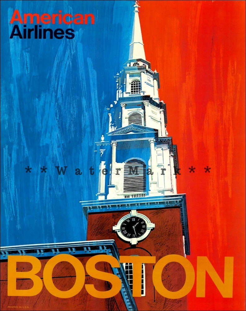 Boston  MA 1970 American Air Travel Vintage Poster Print Art Travel Advert