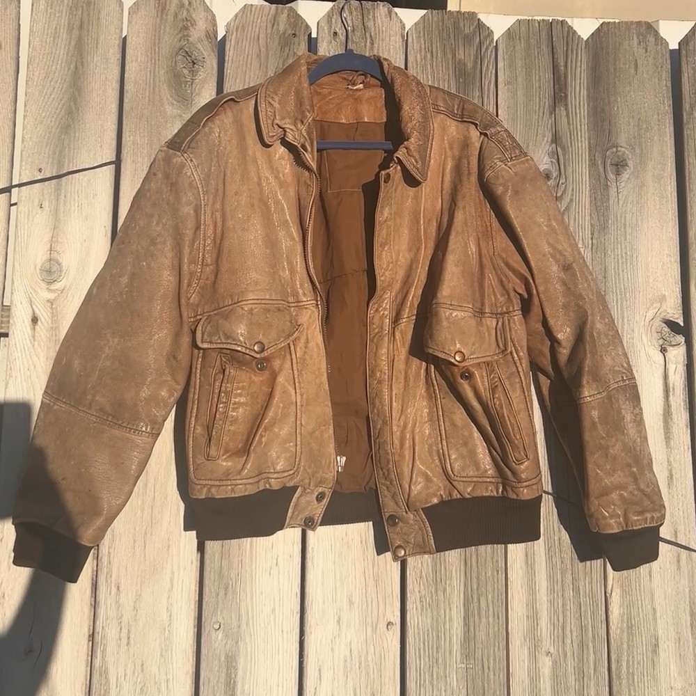 Men's Leather Bomber Jacket Brown Size L/Xl