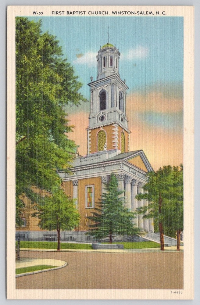 Winston-Salem NC First Baptist Church Linen Postcard c1940s Asheville PC
