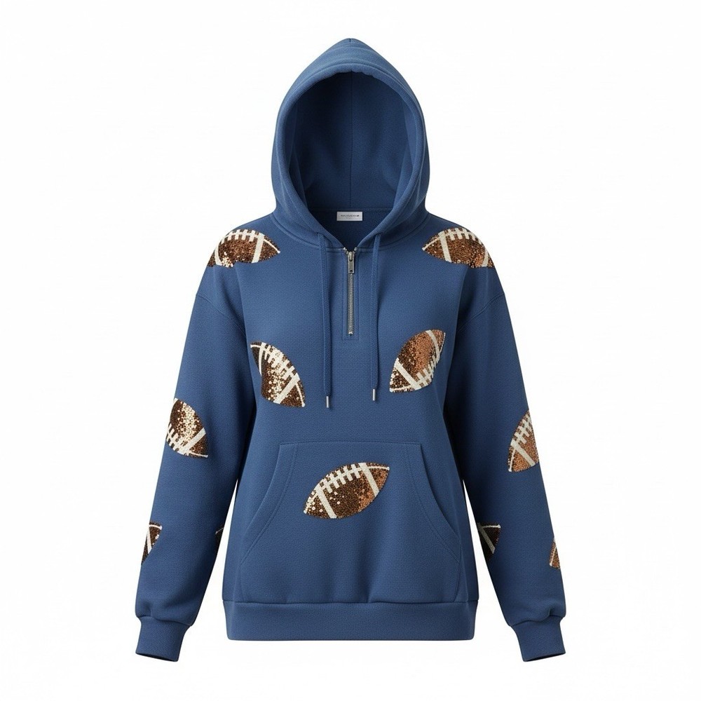 Blue Football Sequin Hoodie Women’s Size M Pullover Half Zip Game Day Sweatshirt