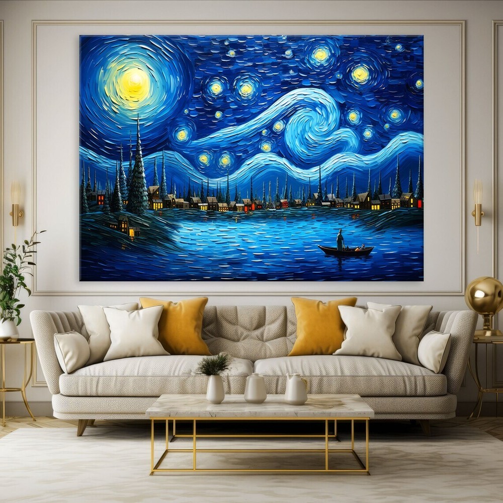 Modern Starry Night Dark Blue Painting Unframed Canvas Print Australian Wall Art