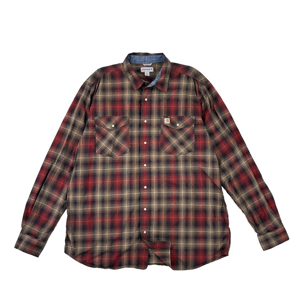 Carhartt Rugged Flex Pearl Snap Plaid Shirt Mens XL Tall Red Relaxed