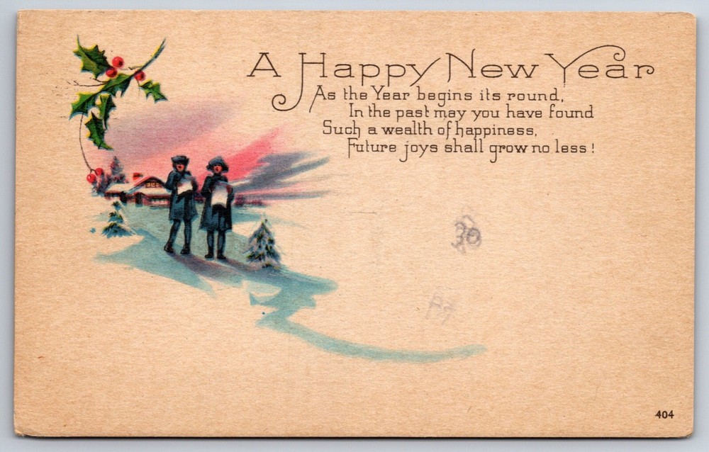 Holiday~Happy New Year~Winter Caroling Scene W/ Holly~PM 1994~Vintage Postcard