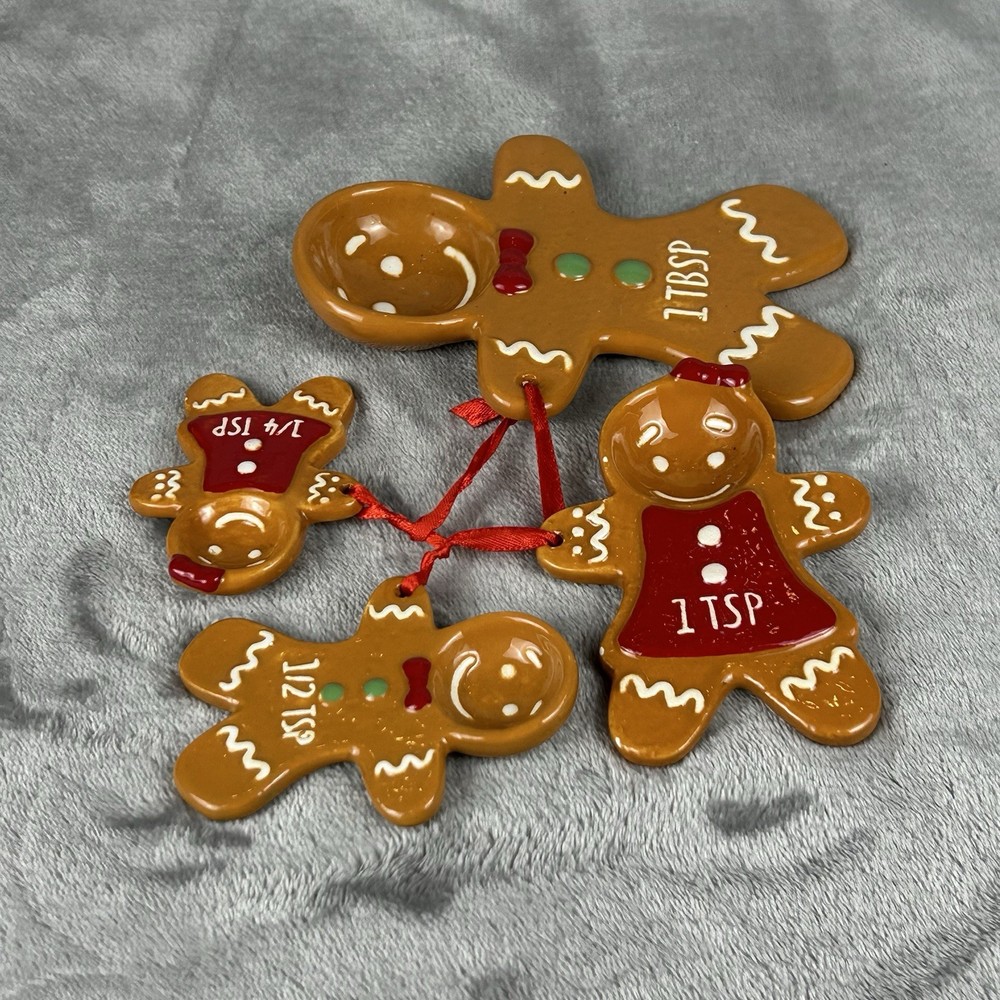 Holiday Time Measuring Spoons Set Of 4 Gingerbread Men Glazed Ceramic Christmas