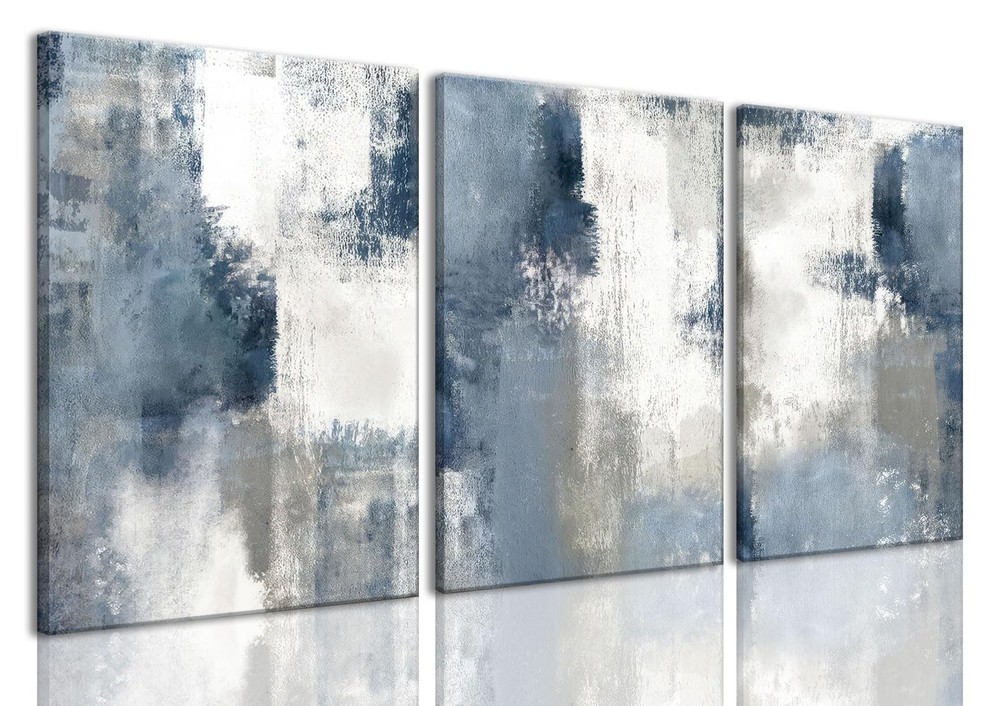 Abstract Wall Art Navy Blue Gray Canvas Large Framed Set of 3 Modern Minimali...