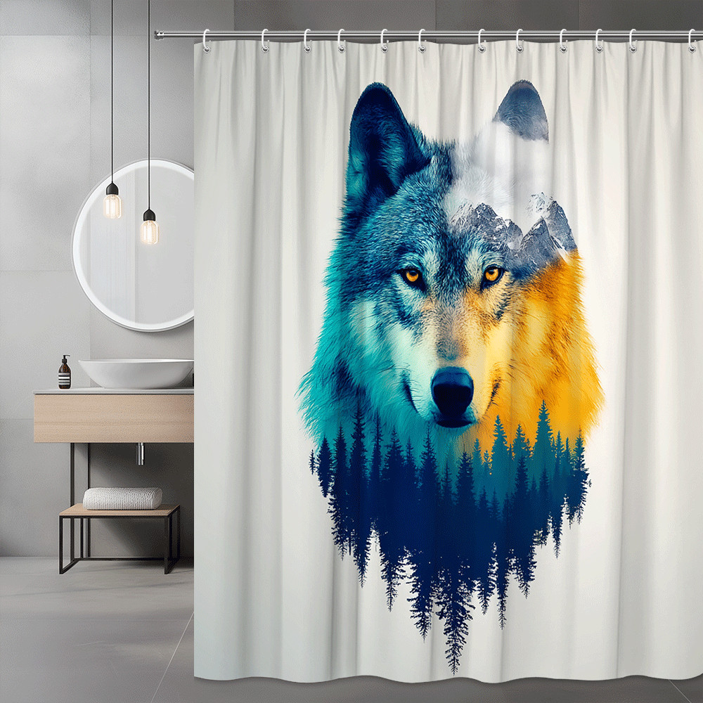 Wolf Forest Shower Curtain Blue Orange Graphic Print