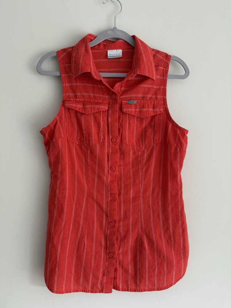 Columbia Womens Orange White Stripe Sleeveless Button Up Outdoor Shirt Cotton S
