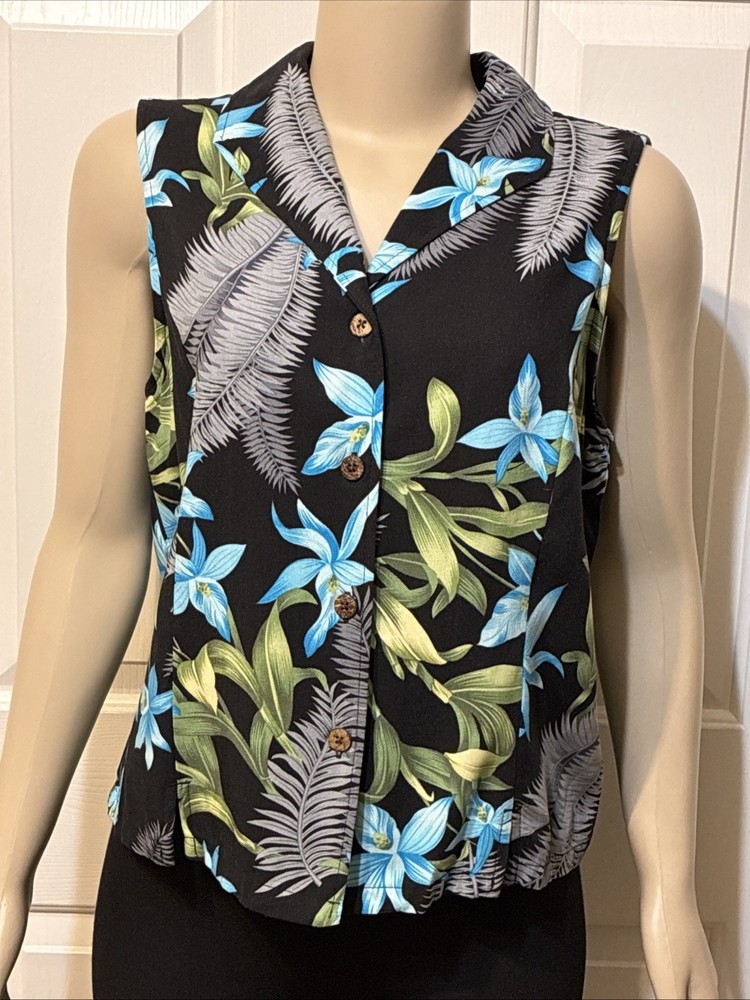 Jamaica Bay Black Floral Hawaiian Sleeveless Shirt Button Up Top Women's Size L