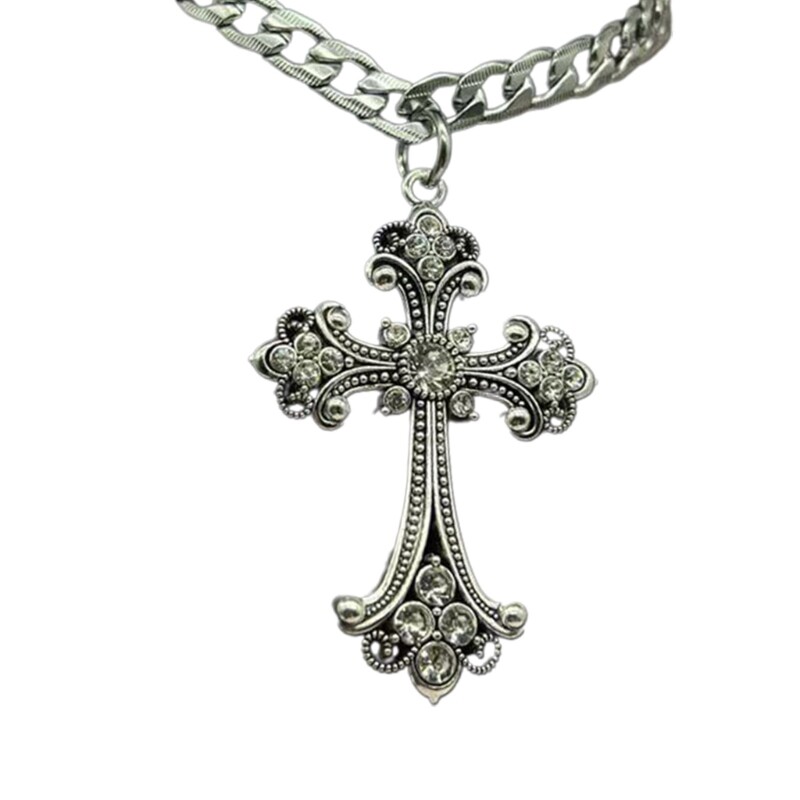 Vintage Baroque Cross Necklace For Women Man Silver Color With Crystal