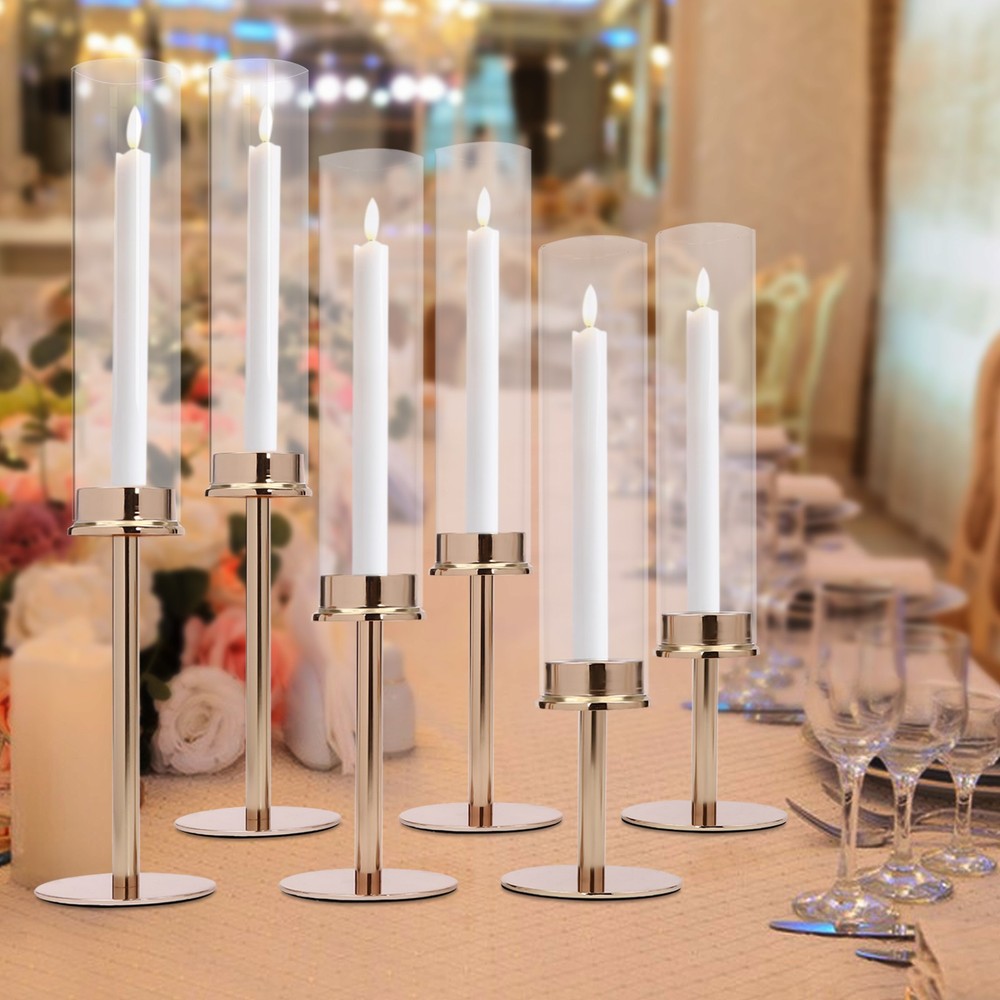 6Pcs Candlesticks Wind-proof Candle Holders w/Glass Shades Party Holiday Decor