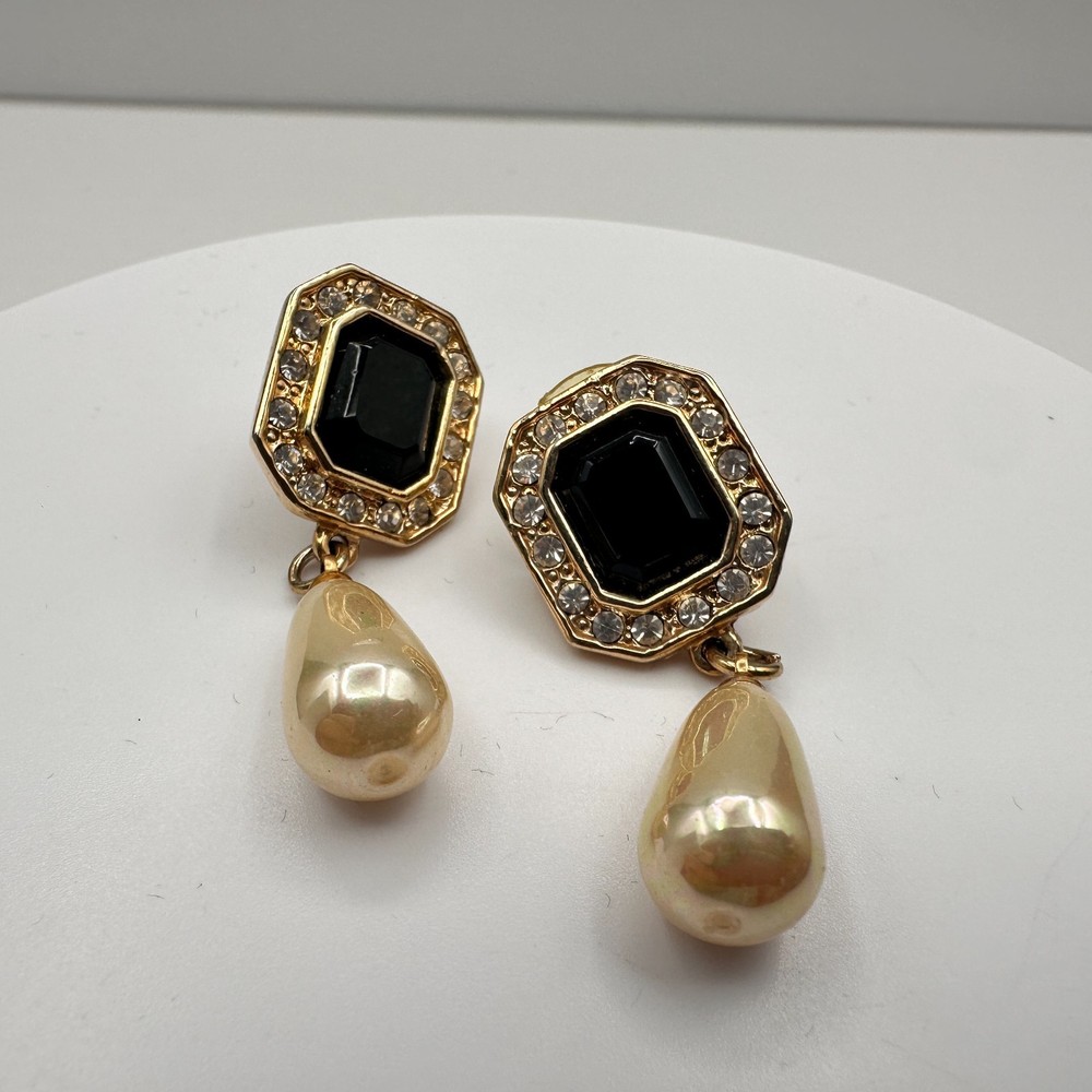 Vintage 90s Roman Gold Tone Black Onyx Glass Crystal Faux Pearl Dangle Earrings