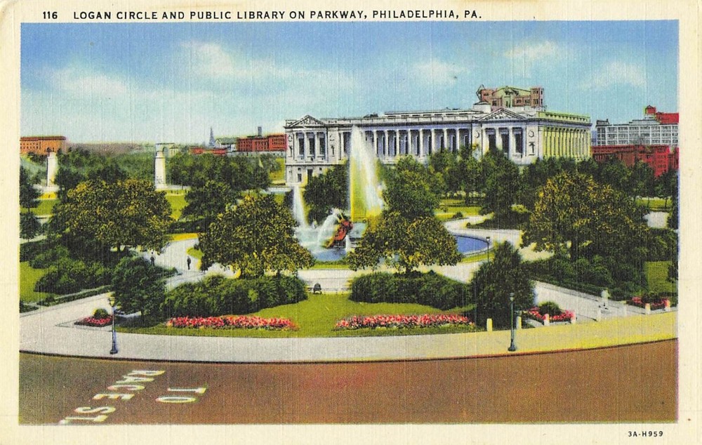 Logan Circle Public Library Parkway Philadelphia PA Vintage Postcard