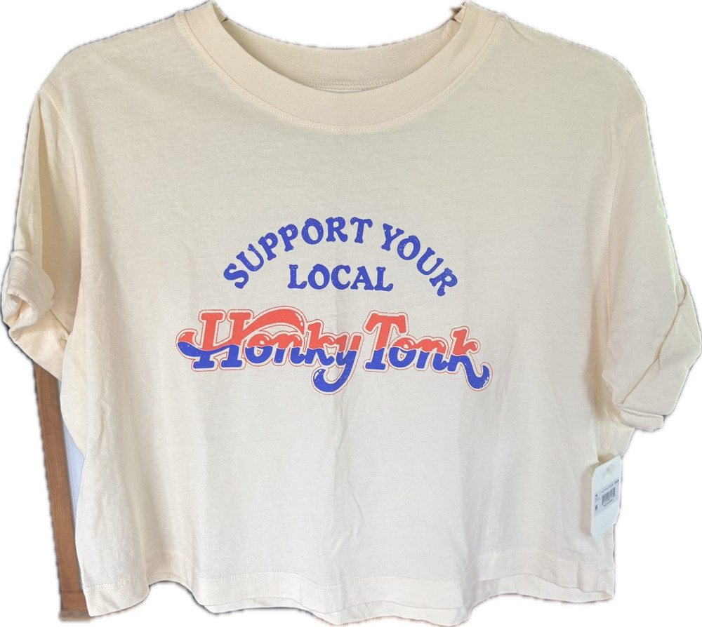 Altar'd State Off-White Honky Tonk Graphic Cropped Crew Neck Cotton Tee Size S