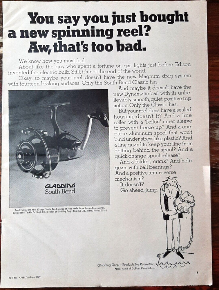 1969 Gladding Vintage Print Ad Reel Fishing Spinning South Bend Tackle DuPont
