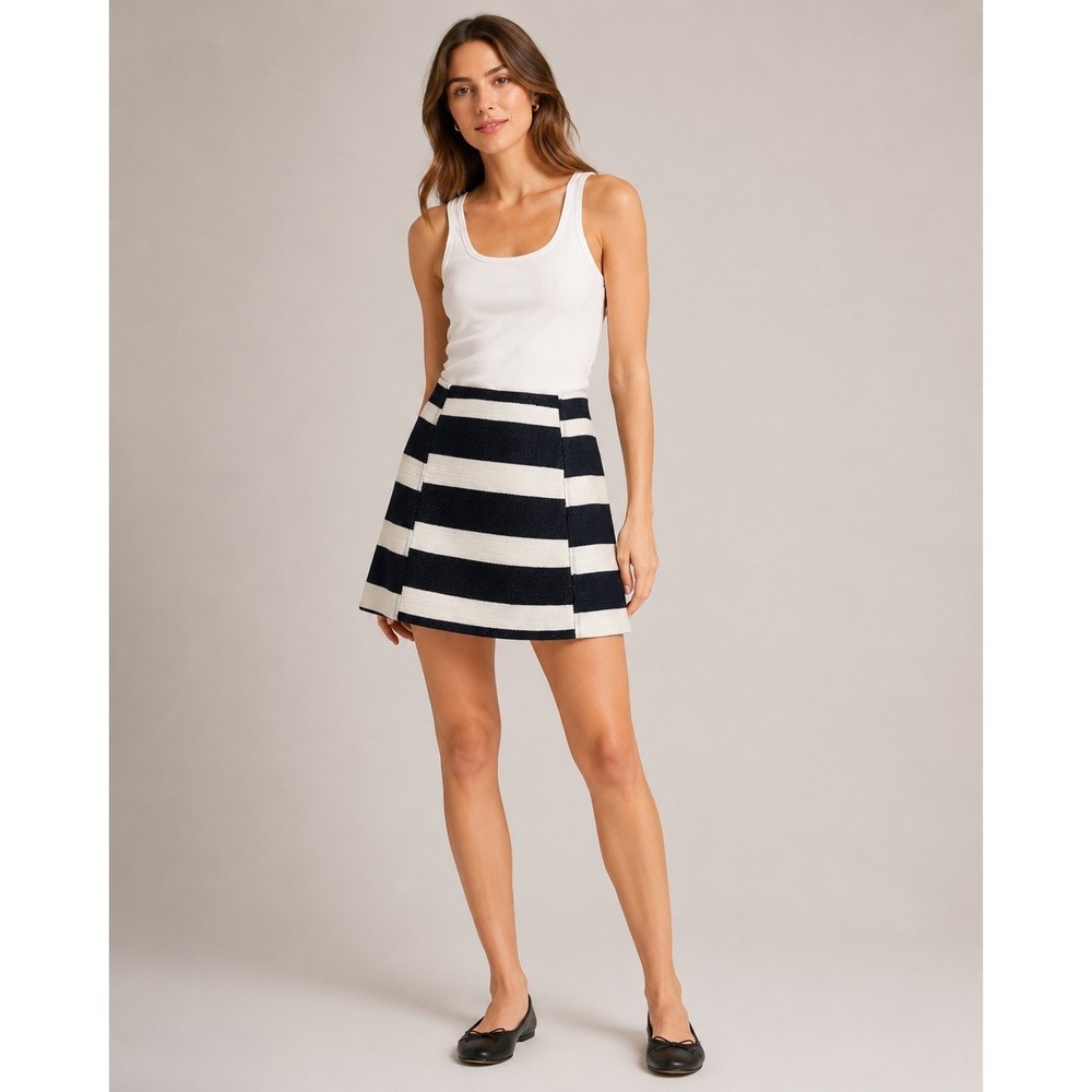 Ann Taylor LOFT Navy Blue White Striped Tweed Mini Skirt Size 10 A-Line Lined