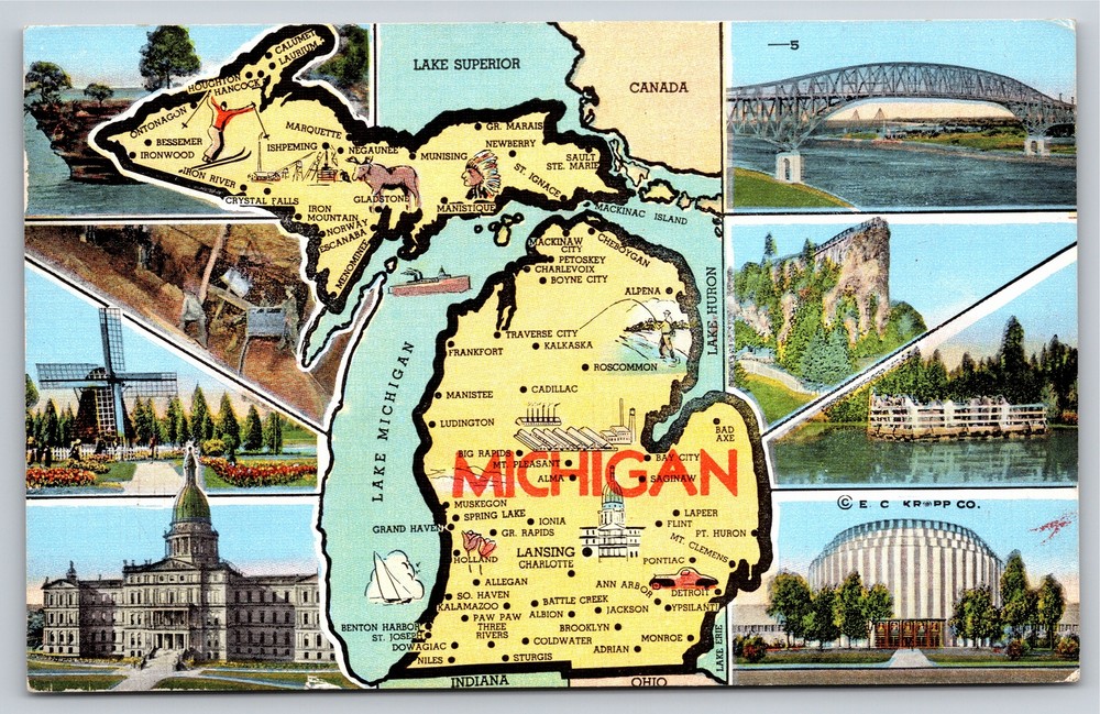Michigan State Map Multi-View~Holland Windmill~Lansing~PM 1946~Linen Postcard