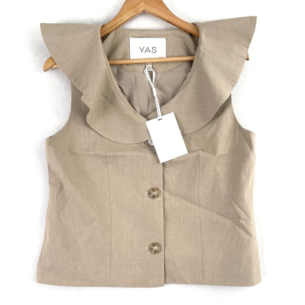 YAS Ligga Waistcoat Womens Size 10 Humus Button Front Ruffle Collar Top New
