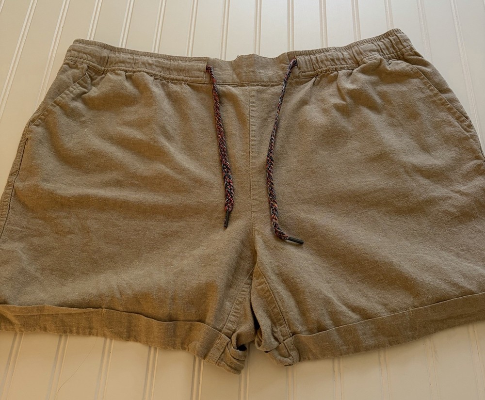 EDDIE BAUER XXL Women Tan Linen/Cotton Shorts Elastic Waist Pockets Drawstring