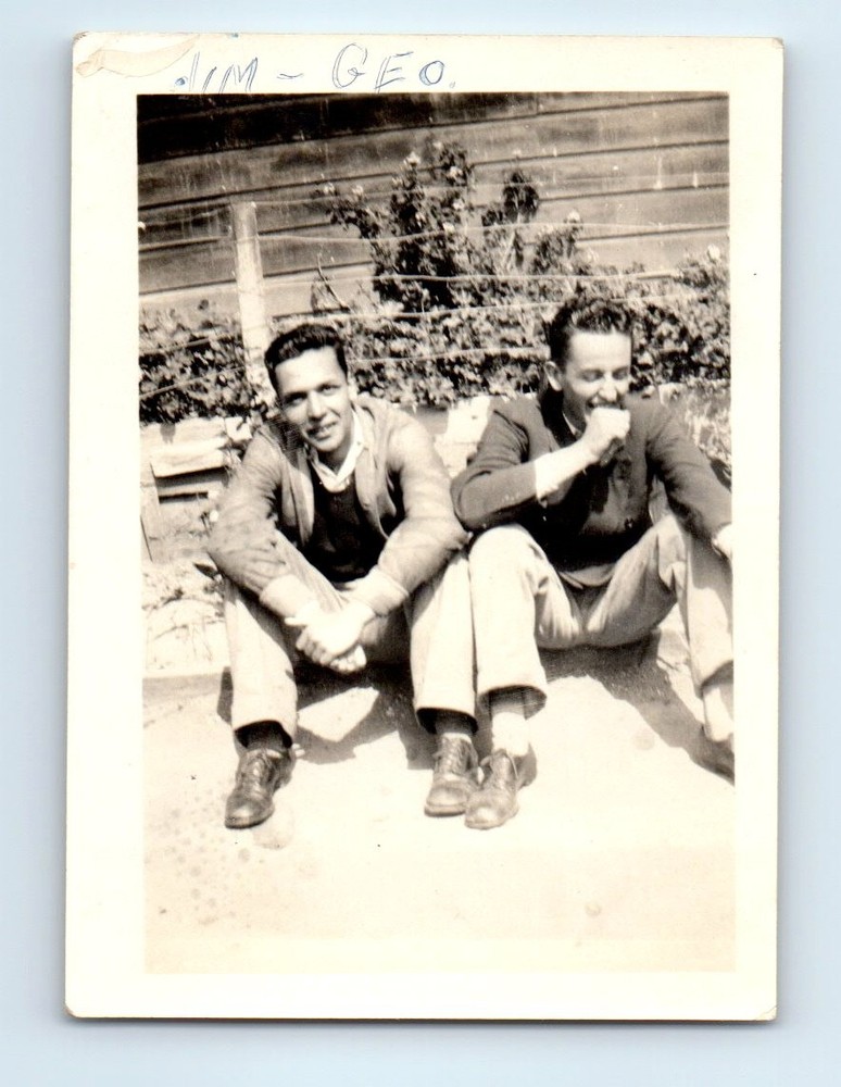 Old Vintage Photo PAIR MEN DUO SITTING OUTSIDE JIM GEORGE ORIGINAL SNAPSHOT