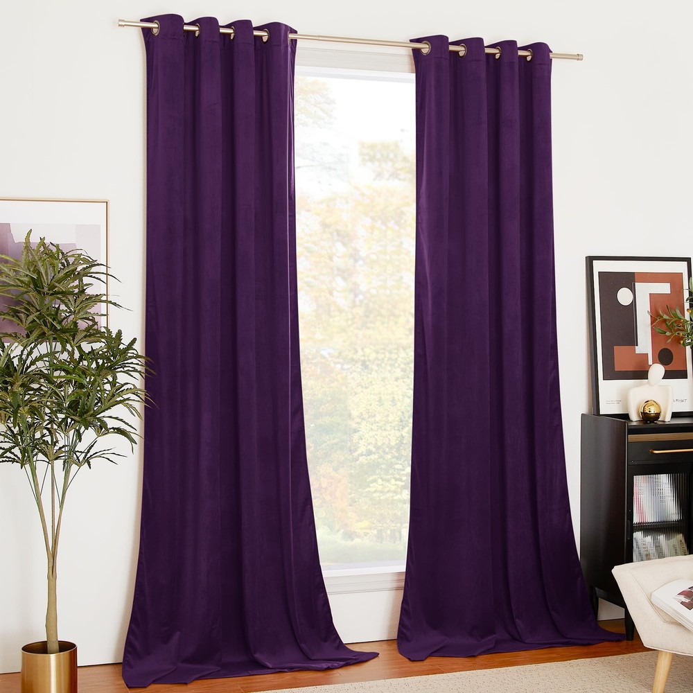 Blackout Purple Velvet Curtain Panels for Home Theater Room Decor