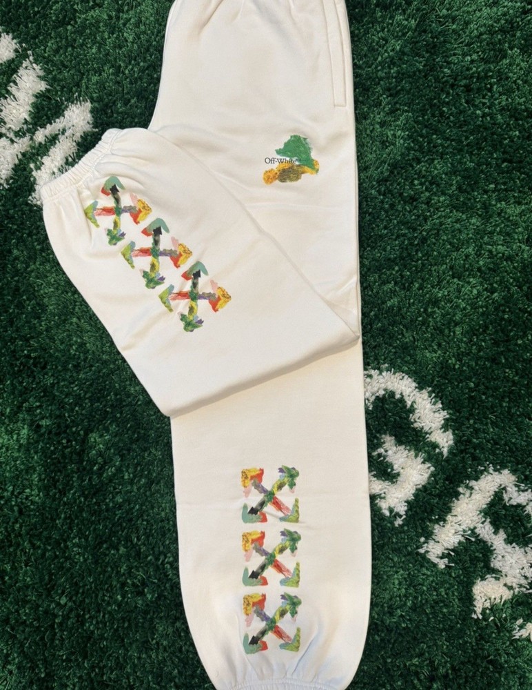 Off-White Men's White Fleece Sweatpants Logo, Elastic Waist, Pockets, Size L