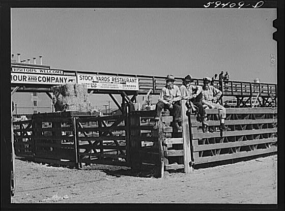 Denver Colorado Stockyards 1930s Stock Yards Restaurant Fence Men on Gate