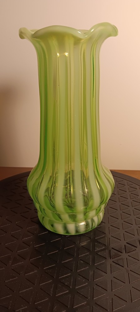 Green Opalescent Glass , Jefferson  Glass  7in stripped Vase