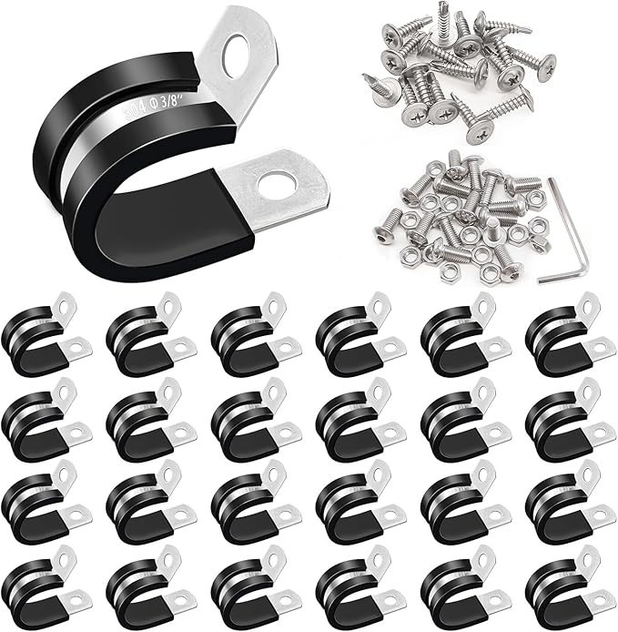 50PCS 3/8 Inch Cable Clamps 304 Stainless Steel Rubber Cushion Insulated W
