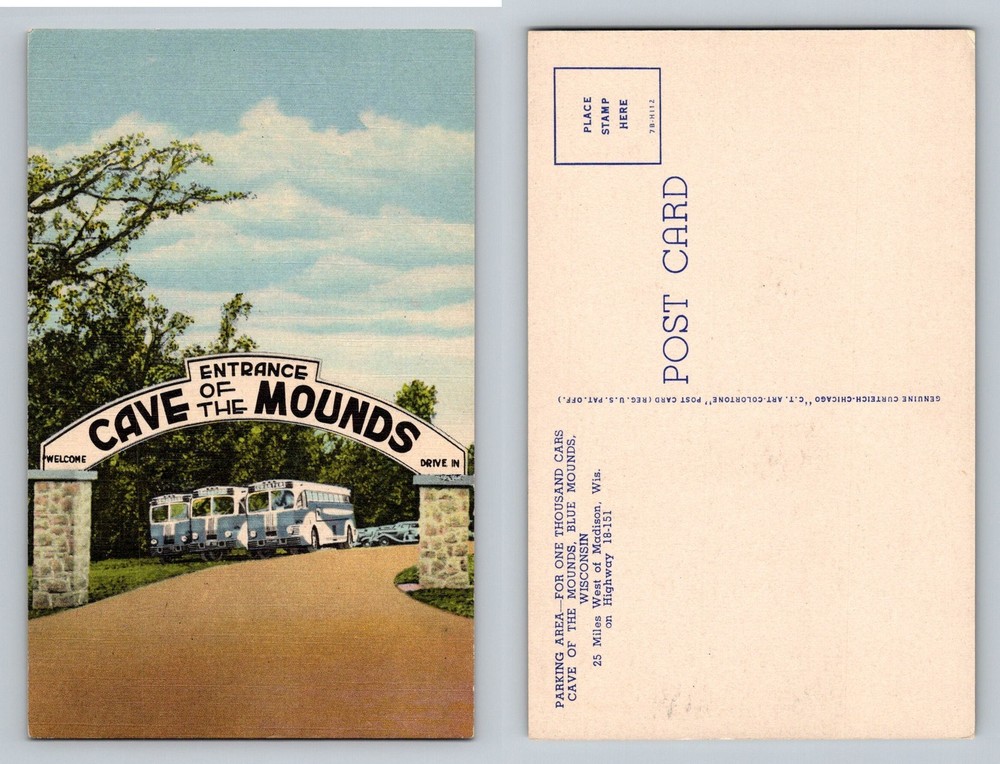 Blue Mounds, WI-Wisconsin, Cave of the Mounds Entrance Buses Vintage Postcard