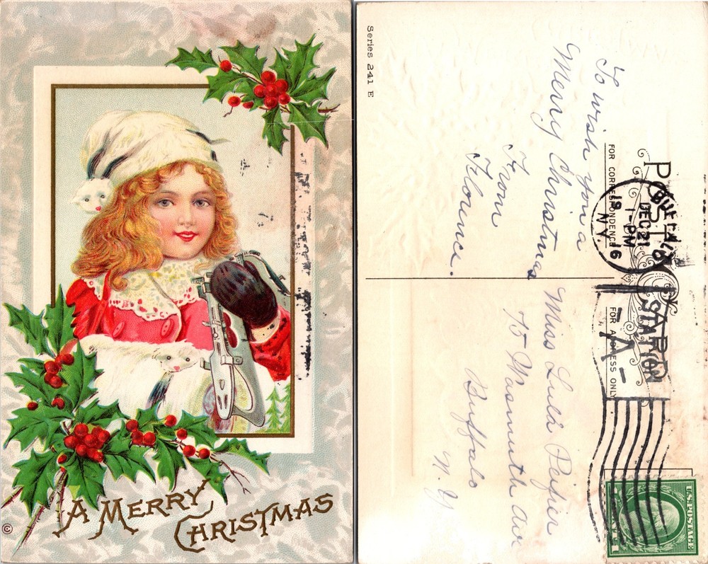 Girl Holly Ice Skates Merry Christmas Postcard