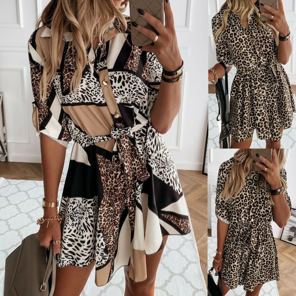Womens Fashion Button Mini Shirt Dress OL Ladies Long Sleeve Blouse Top Dresses