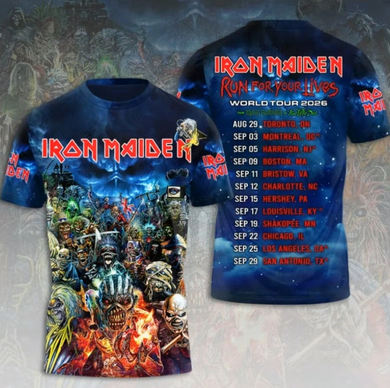 1Iron Maiden 2026 World Tour Run For Your Lives 3D Printed T-Shirt