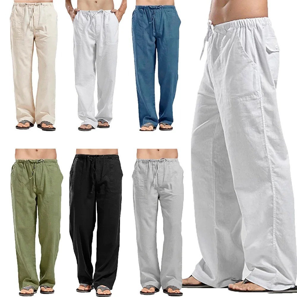 Mens Cotton Linen Pants Summer Breathable Elastic Waist Casual Lightweight