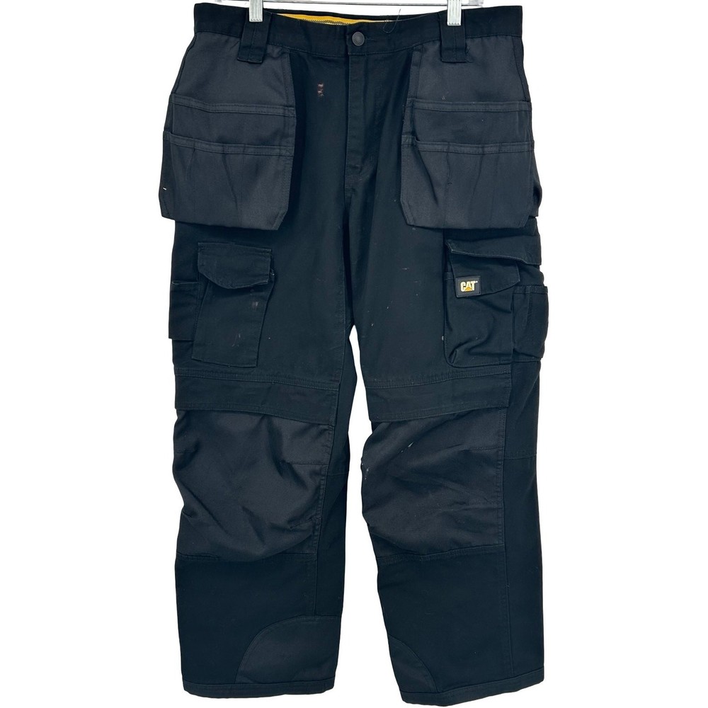 Men's Black CAT Caterpillar Cargo Workwear Trademark Trousers Pouches 34x30