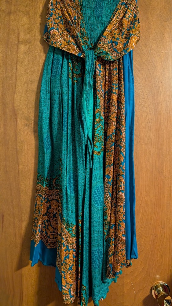 Boho Harem Maxi Skirt  Asymmetrical Hem Smocked Waist Sz S  Multi Color