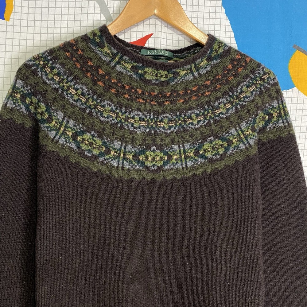 Vintage Ralph Lauren Wool Sweater Fair Isle Womens XL Hand Knit Nordic 90s Earth
