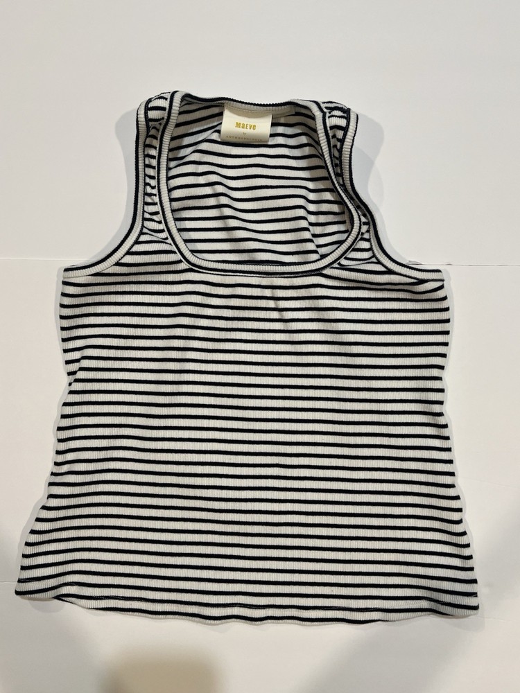 MAEVE Anthropologie Blue & White Striped Ribbed Square Neck Tank Top Womens Sz M