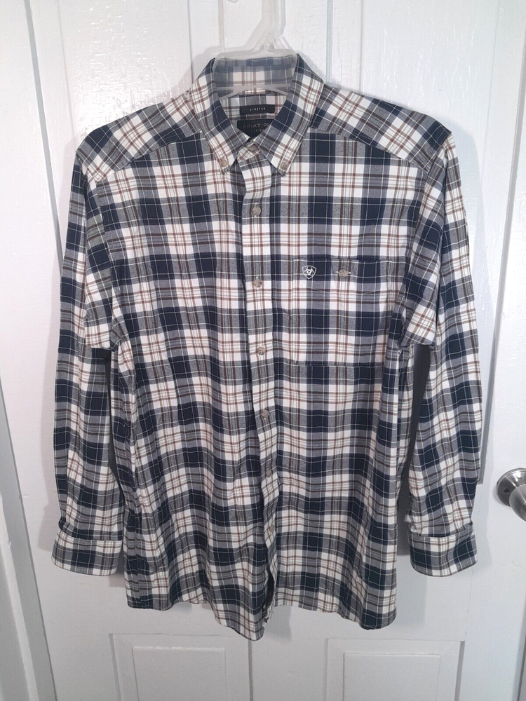 ARIAT PRO Series Mens Medium Long Sleeve Button Down Shirt Blue Plaid Stretch