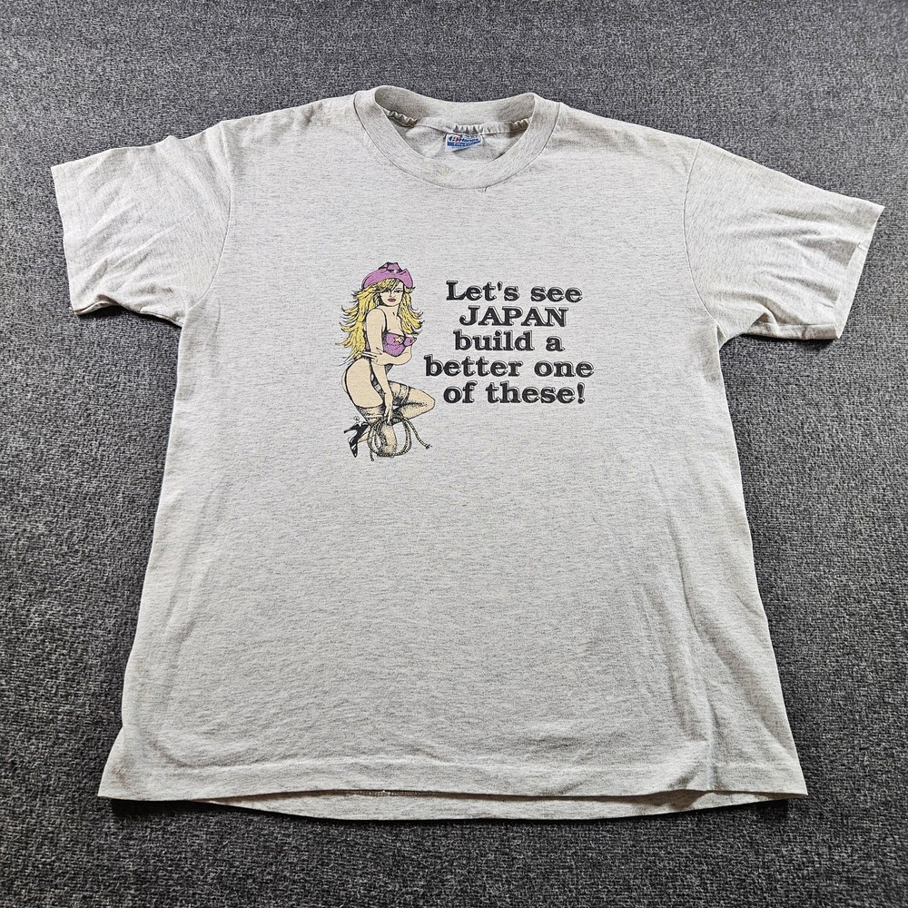 Vintage Hanes Shirt Mens Large Gray Pin Up Cowgirl Novelty Graphic Tee 80s USA
