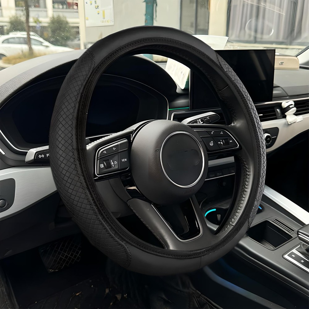 Black Car Leather Steering Wheel Cover Good Grip Anti-slip For 15