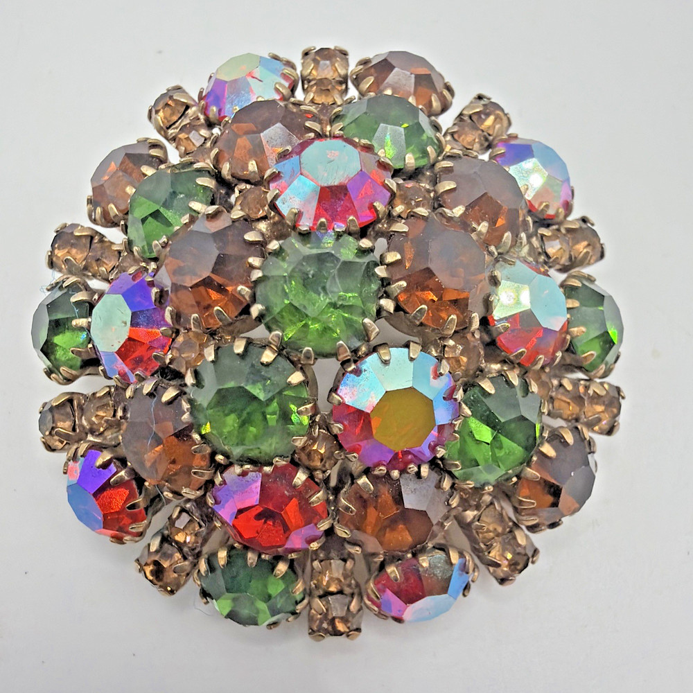 Vintage Weiss Brooch Glass Rhinestones Gold Toned Multicolored