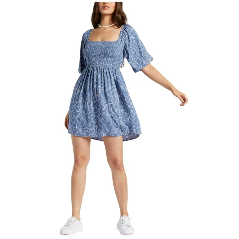 Women's Roxy Satin Sands Cutout Tie-Back Linear Floral Mini Dress in Bijou Blue