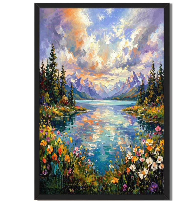 Impressionist Landscape Framed Canvas Painting Vibrant Mountain Lake Wall Art