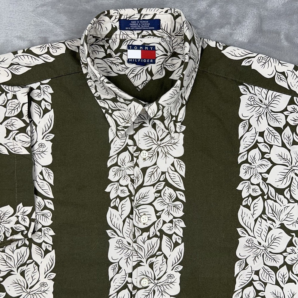 TOMMY HILFIGER Men's Large Hawaiian Shirt Short Sleeve Button Up Tropical Olive