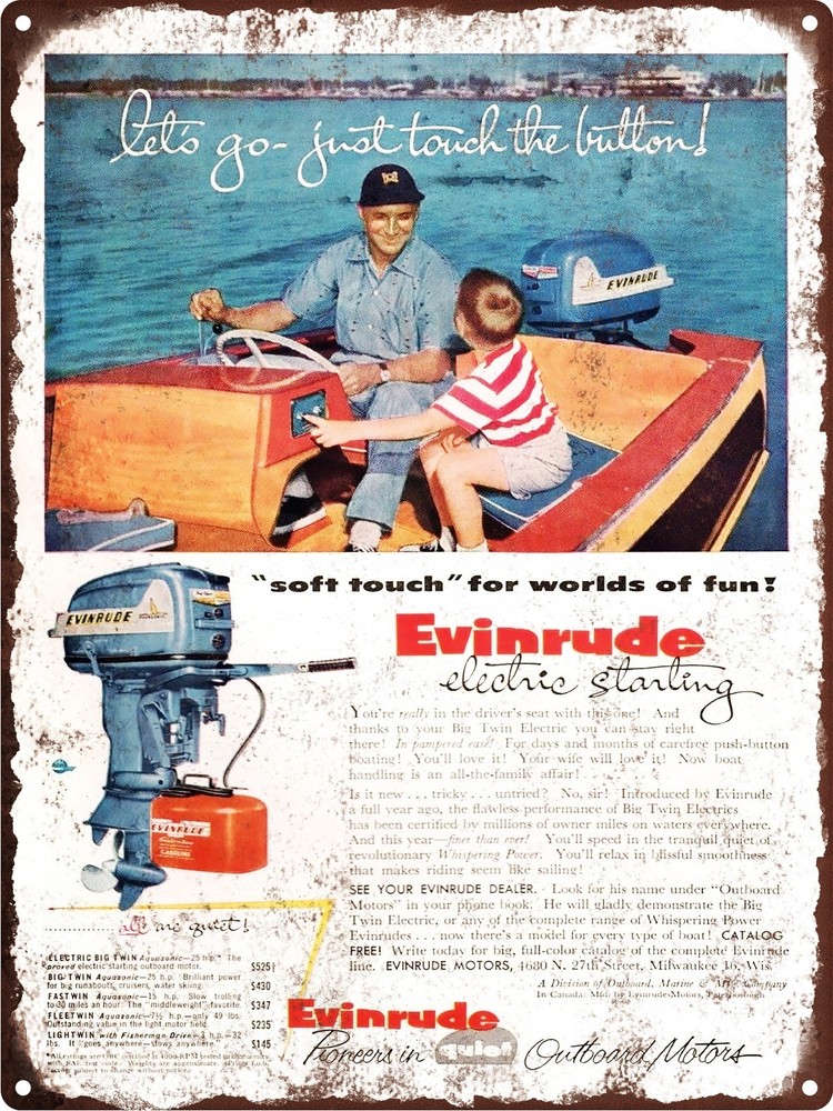 1955 Evinrude Electric Start Outboard Motor Boat Metal Sign Reproduction 9x12 Inches 60448