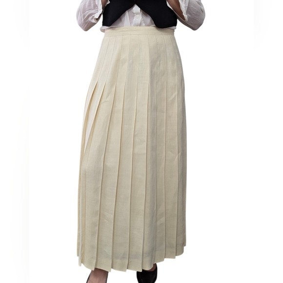 Vintage 80s 90s Linen Pleated Midi Skirt Cream USA High Waist Size 10