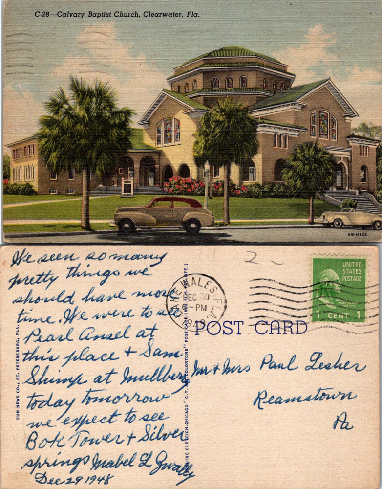 1948 Calvary Baptist Church Linen Old Car Palm Trees Florida House Vtg Postcard