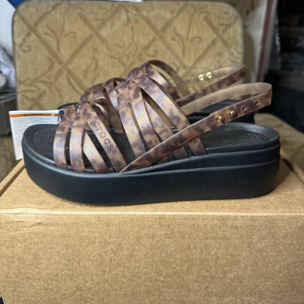 Crocs Brooklyn Literide Tortoise Strappy Low Wedge Sandal Size 9 Mocha/Black NEW