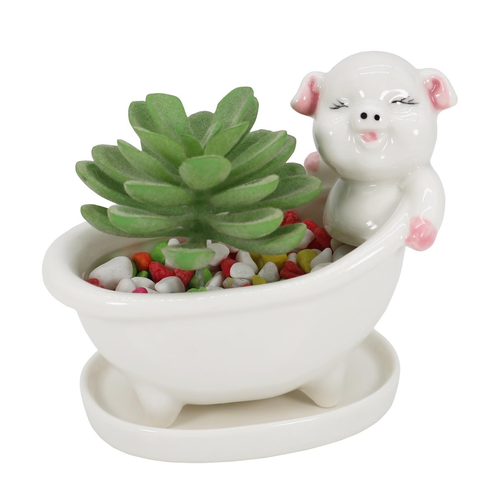 Gemseek Cute Pig Succulent Planter Pot with Drainage Tray White Ceramic Batht...